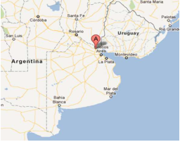 Map with location pin in Campana, Buenos Aires, Argentina