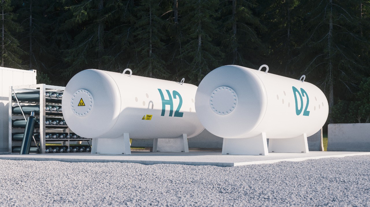 Environmentally friendly solution of renewable energy storage - hydrogen gas to clean electricity facility situated in forest environment. 3d rendering.