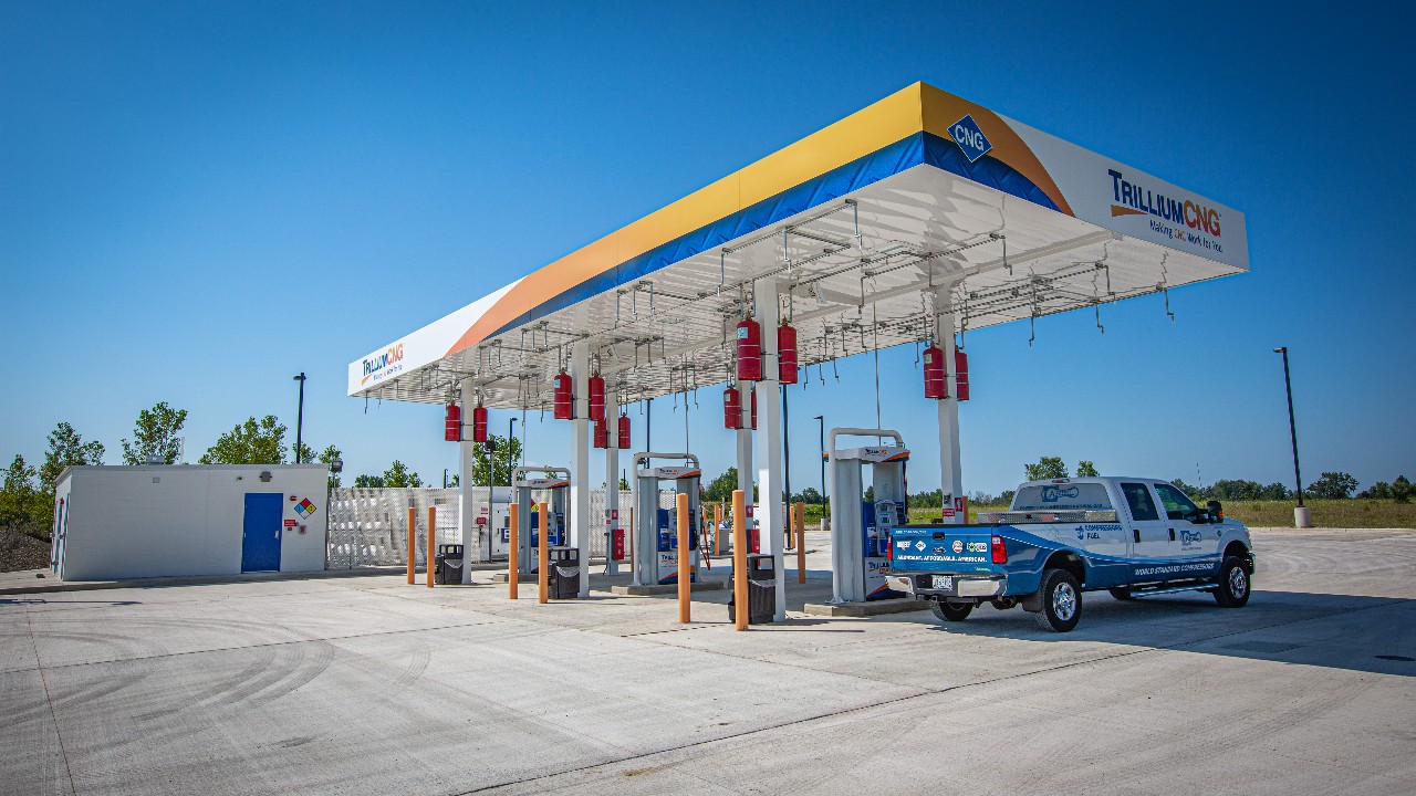 An Ariel Truck is refilled with CNG fuel at a Trillium CNG station