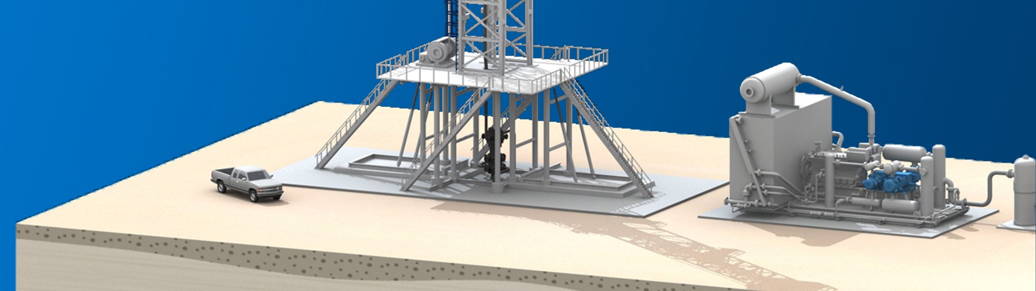A rendering of air or nitrogen injector in use during underbalanced drilling