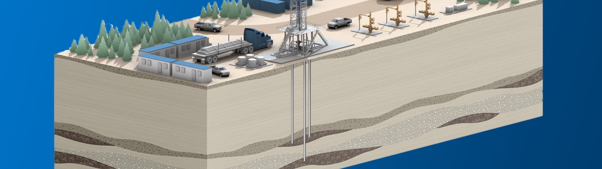 A rendering of a drill site where a natural gas deposit or reservoir has been tapped for extraction