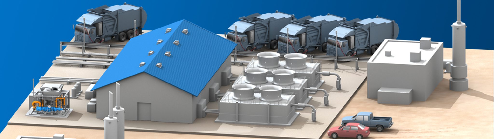 A render of a compressing and processing station at a landfill