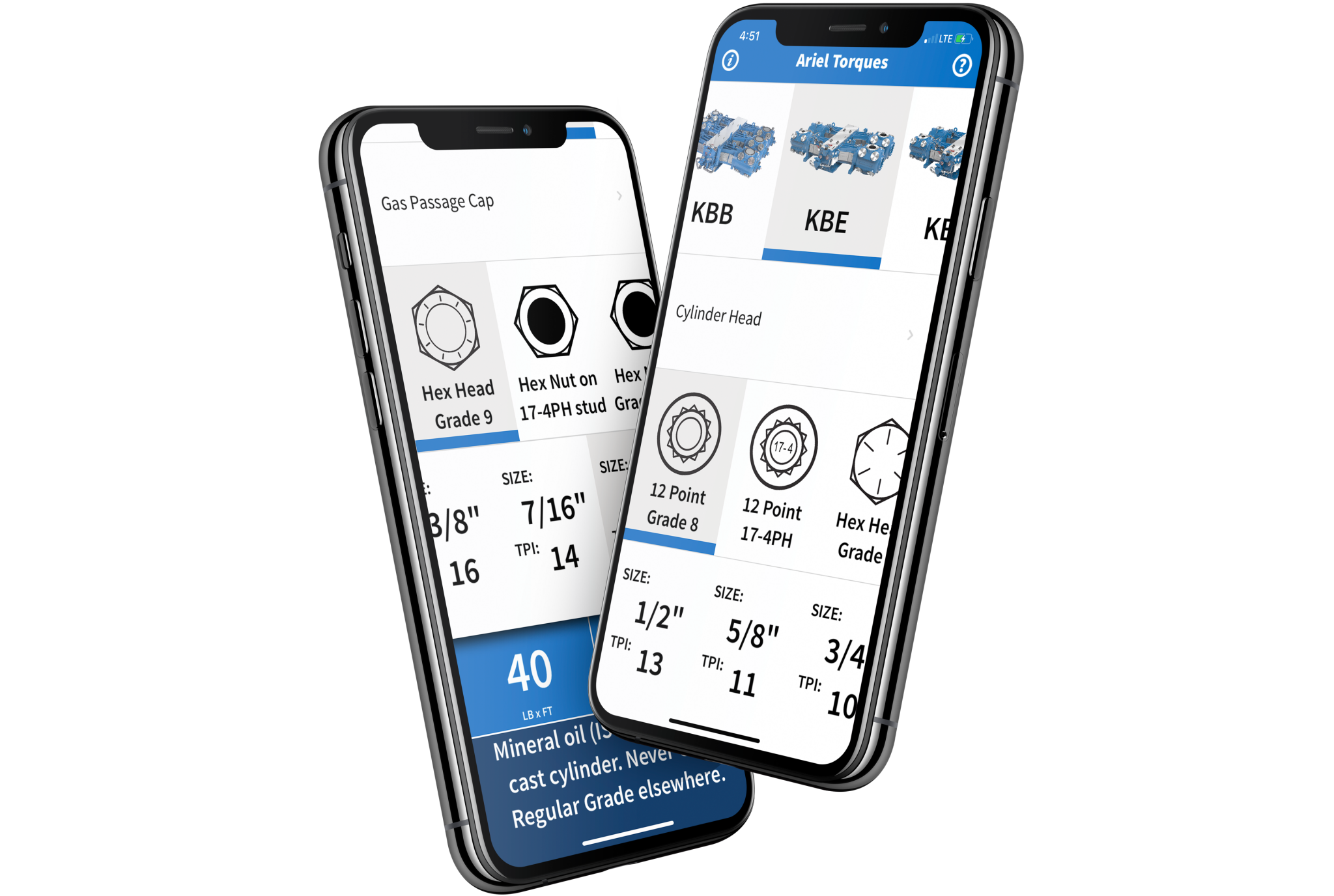 iPhones displaying bolt sizes and torque values within the torque guide app