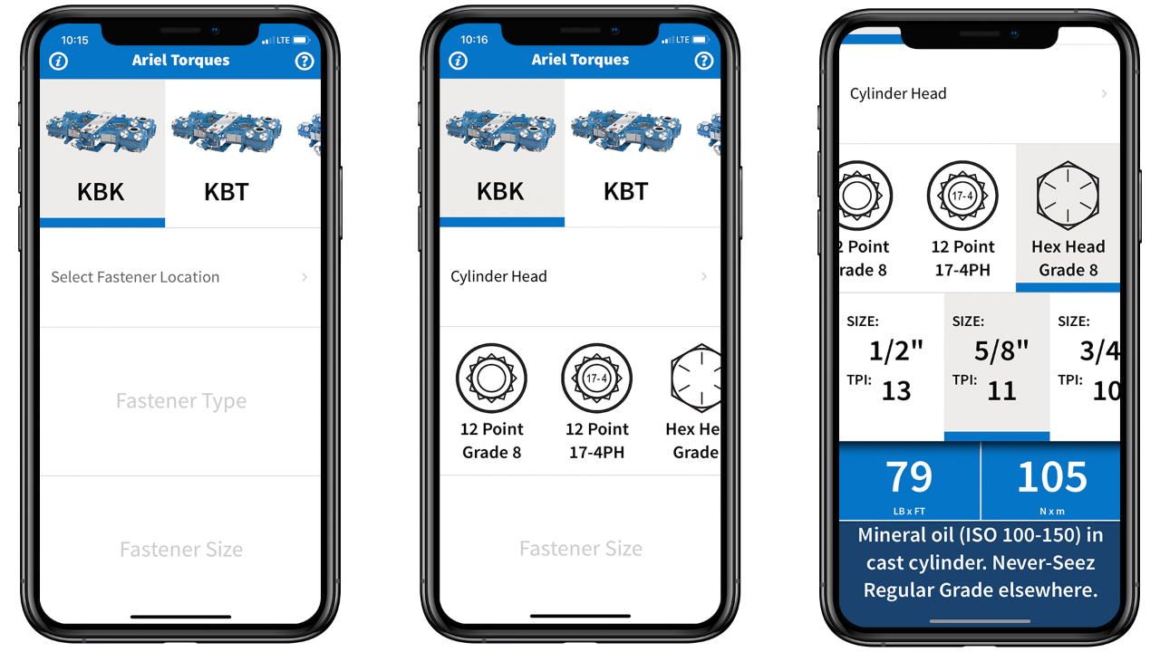 Renderings of iPhones displaying various screens within the torque guide app